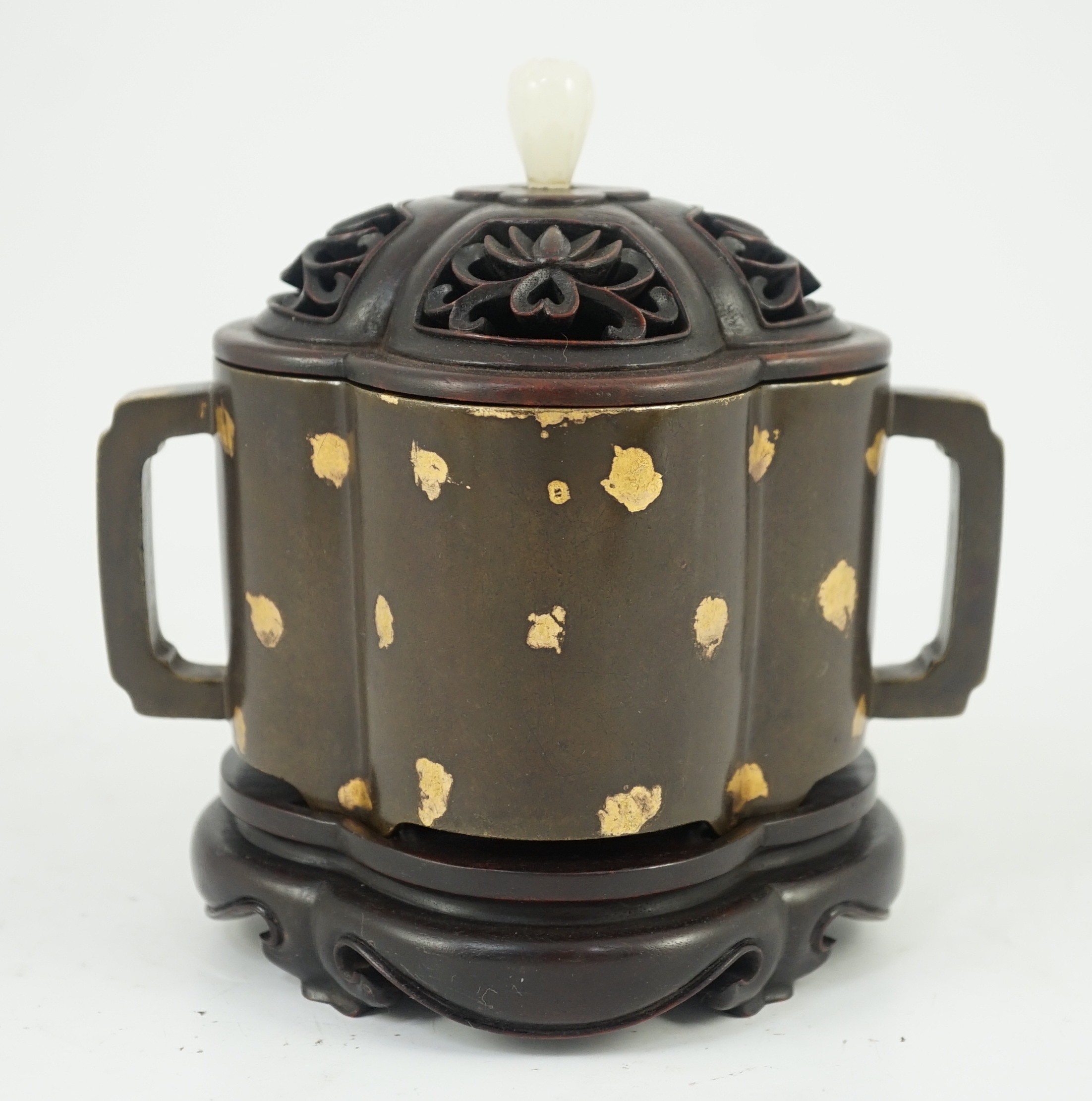 A Chinese gold splashed bronze quatrelobed censer, 17cm wide